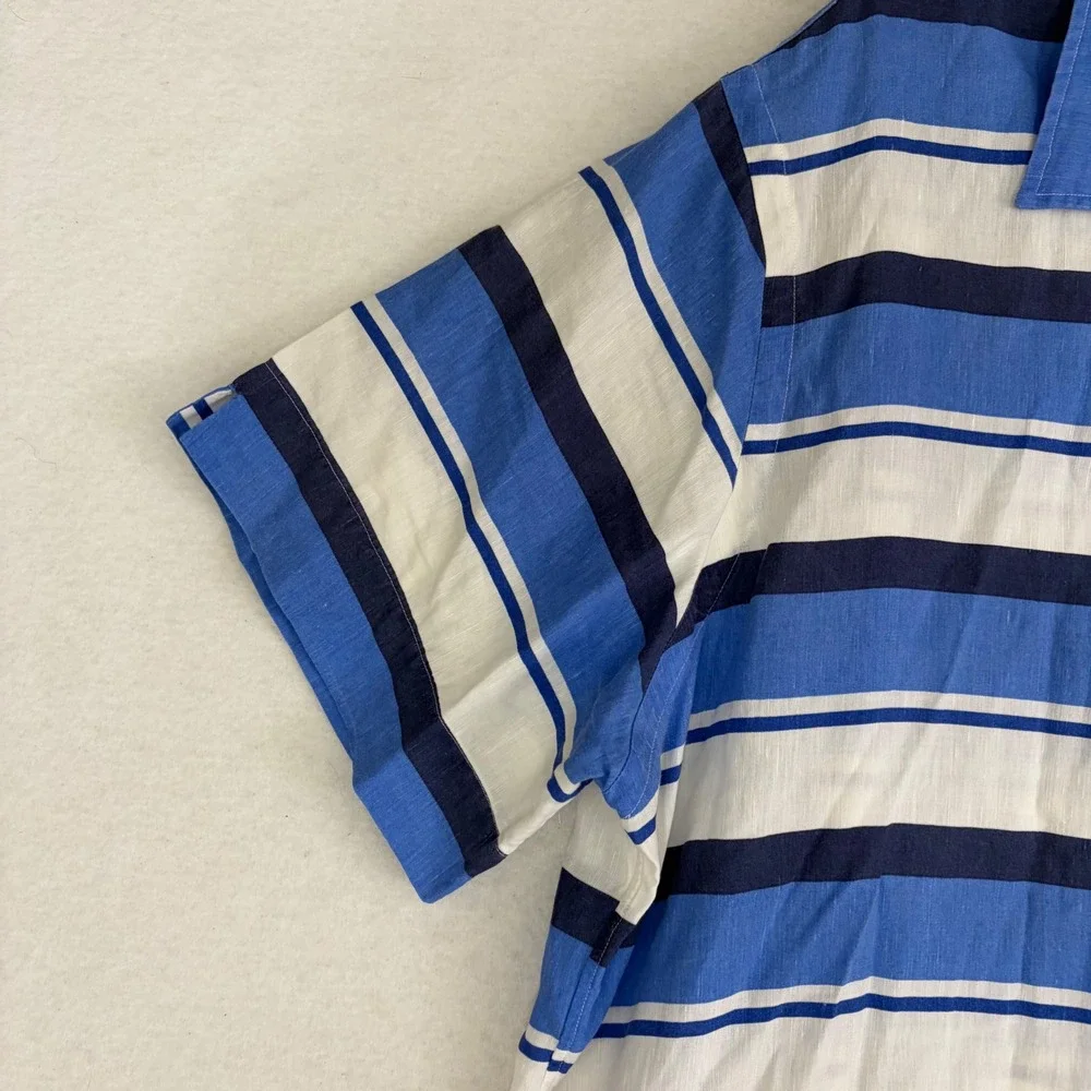 Polo Ralph Lauren Camp Shirt Mens XL Blue White Striped Linen Blend Summer